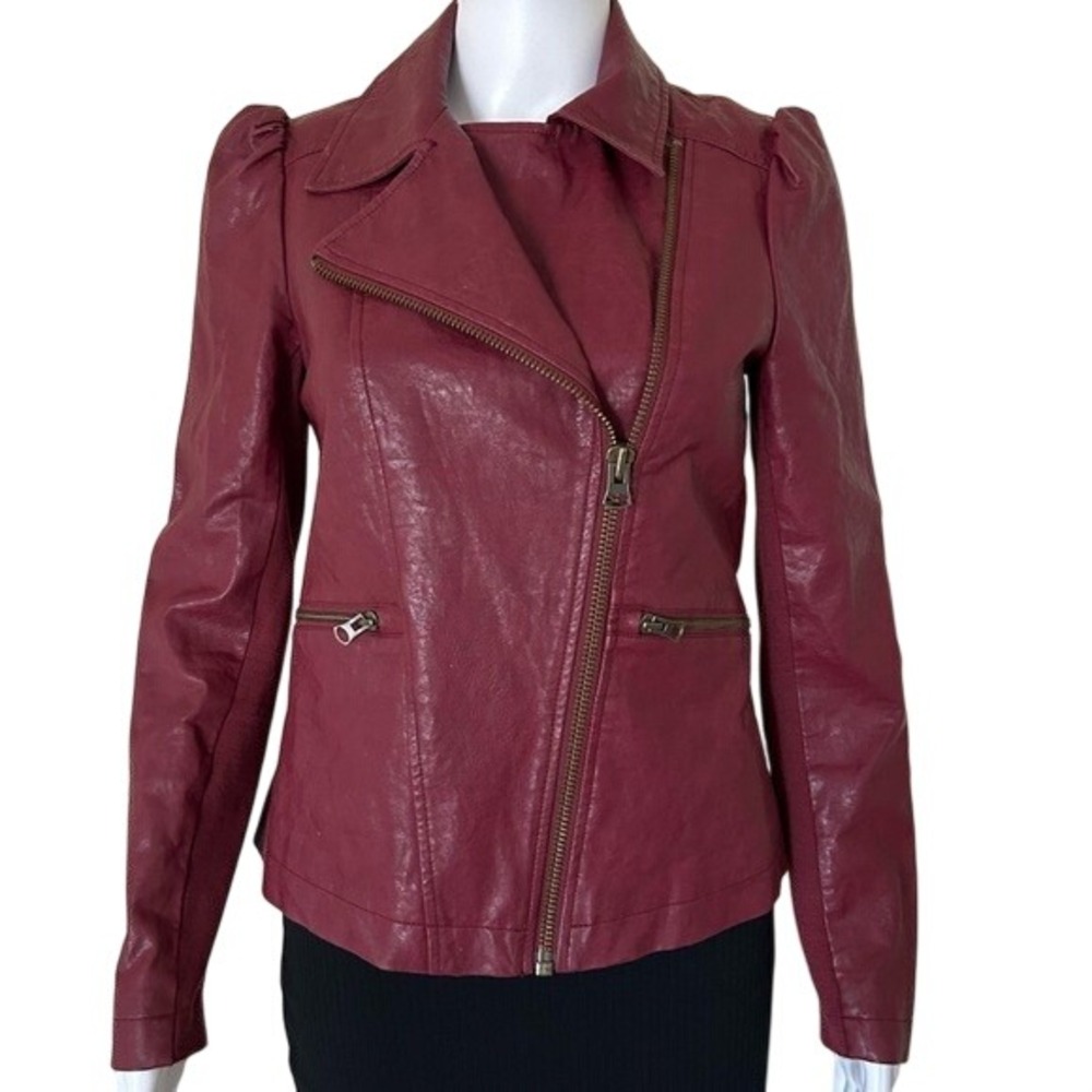 Anthropologie Petula Puff Sleeve Moto Biker Vegan Leather Jacket Wine Maroon  XS